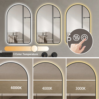 Sunvega Arched LED Mirror with Time Temperature Display Anti-Fog Dimmable Backlight