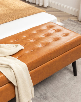 Sunvega Tufted Beige Storage Ottoman Bench with Safety Hinge for Bedroom