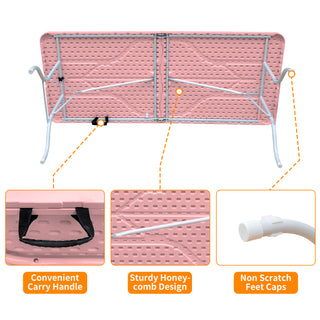 Sunvega 8ft Pink Folding Table with Waterproof Top and Foldable Design for Camping
