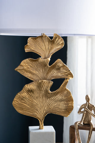 Sunvega Gold and White Leaf Design Table Lamp with Marble Base and Fabric Shade