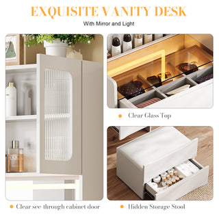 Sunvega 7-Drawer Vanity Desk with LED Mirror Jewelry Storage and PU Stool
