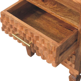 Sunvega Arno Bedside Table in Golden Teak with Hand-Carved Drawer Fronts