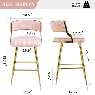 Sunvega Set of 2 Grey Corduroy Bar Stools with Back Golden Chromed Base and Footrest