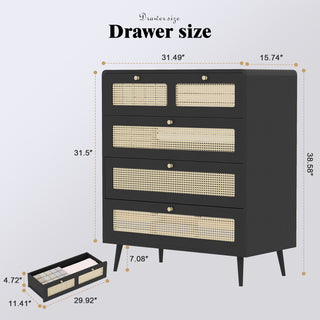 Sunvega Modern Rattan Dresser with 4 Wide Drawers and Gold Metal Handles for Bedroom
