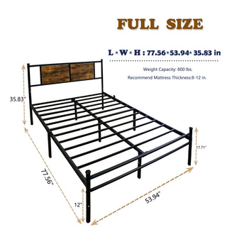 Sunvega Full Size Metal Bed Frame with Wood Panel Headboard in Black and Brown