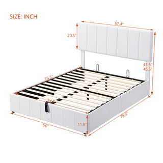 Sunvega Upholstered Platform Bed with Hydraulic Storage System in White Linen