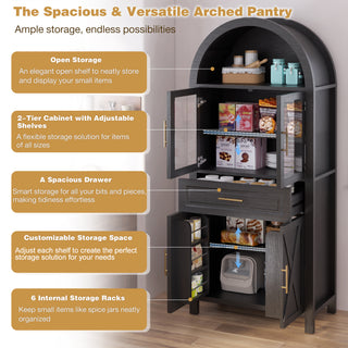 Sunvega Farmhouse Arched Glass Door Pantry Cabinet with Adjustable Shelves for Kitchen