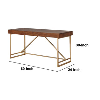 Sunvega Modern Writing Desk with Walnut Brown Top and Unique Gold Metal Legs