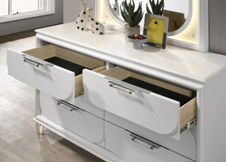 Sunvega Contemporary Glam Pearl White Nightstand with Embossed Panels and Acrylic Handles