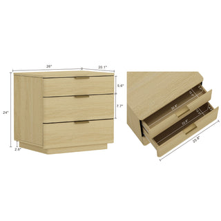 Sunvega Modern Oak Nightstand with 3 Drawers and Glam Metal Handles for Bedroom