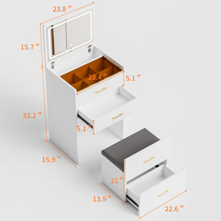 Sunvega White Glass Top Vanity Desk with 10 Drawers and Lighted Mirror