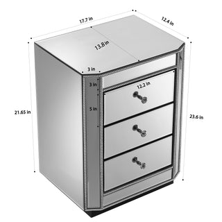Sunvega Mirrored Nightstand with 3 Drawers Silver Beaded Trim and Glass Knobs