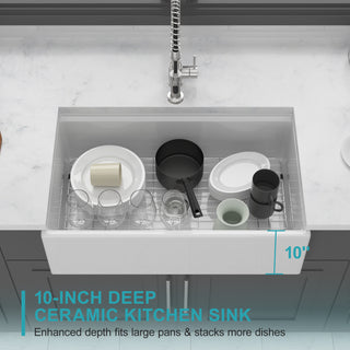 Sunvega 33 Inch White Porcelain Ceramic Farmhouse Kitchen Sink Workstation with Reversible Apron
