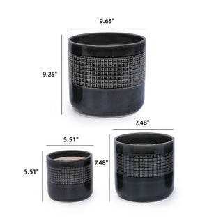 Sunvega Modern Glossy Blue Green Ceramic Planter with Grid Design for Indoor Outdoor Use
