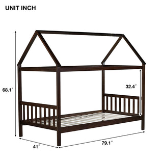 Sunvega Twin Rubber Wood House Bed with Headboard and Footboard in Light Grey