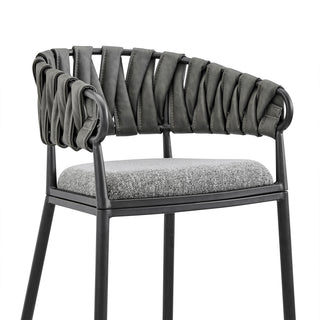 Sunvega Black Metal Bar Stool with Gray Faux Leather Accented Back and Fabric Seat