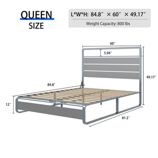 Sunvega Queen Size Metal Bed Frame with LED Light and Charging Station Headboard