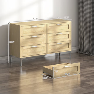 Sunvega 6 Drawer Wood Dresser with Polished Silver Legs and Light Oak Veneer