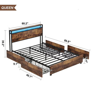 Sunvega Queen Bed Frame with Storage Headboard Charging Station and Smart LED Lights