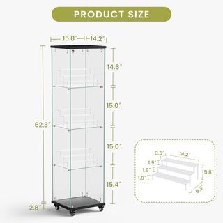 Sunvega 4 Tier Glass Display Cabinet with Lock and Wheels for Living Room