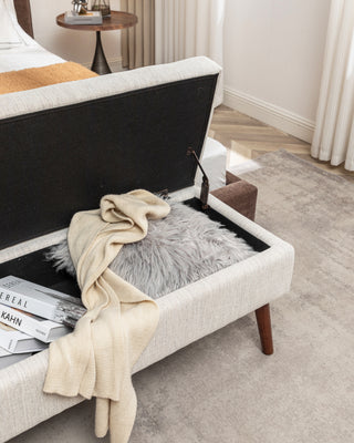 Sunvega Tufted Beige Storage Ottoman Bench with Safety Hinge for Bedroom