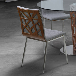 Sunvega Brushed Stainless Steel Dining Chairs with Gray Fabric and Walnut Back - Set of 2