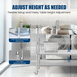 Sunvega NSF-Certified Stainless Steel Prep Table with Wheels and Adjustable Undershelf