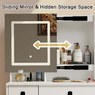 Sunvega White Makeup Vanity Desk with Sliding Mirror Dimmable Lights and Charging Station