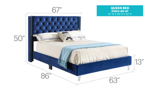 Sunvega Navy Blue Upholstered Queen Bed with Transitional Design Headboard