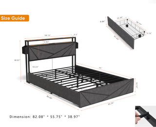 Sunvega Queen Upholstered Bed Frame with Headboard LED Lights Charging Station and 4 Storage Drawers