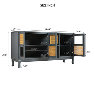 Sunvega Retro 4-Door Sideboard with Rattan and Glass Doors for Large Storage Space