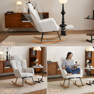 Sunvega Teddy Fabric Rocking Chair with Adjustable Footrest for Living Room