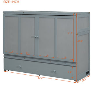 Sunvega Espresso Full Size Murphy Bed with USB Port and Large Drawer for Space Saving