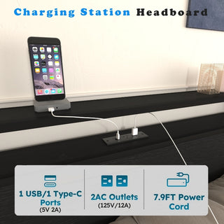 Sunvega Full Size Storage Bed Frame with LED Headboard Charging Station and 8 Drawers