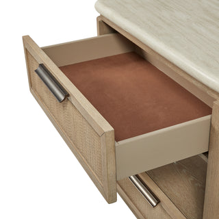 Sunvega Two Drawer Nightstand with Rope Fronts, Stone Top, and USB Charging Ports