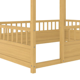 Sunvega Twin Size Floor Wooden Bed with House Roof Frame and Fence Guardrails