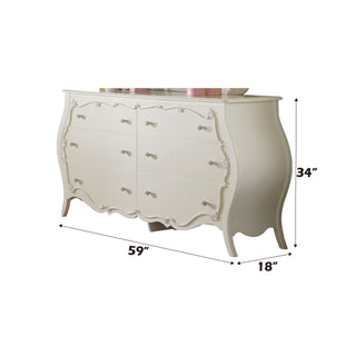 Sunvega Pearl White Finish Dresser with Scrolled Inlay Details and Spacious Drawers