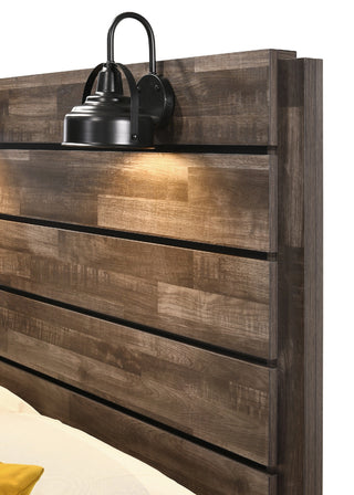 Sunvega Rustic Style Butcher Block Finish Queen Size Wood Platform Bed with Lamps
