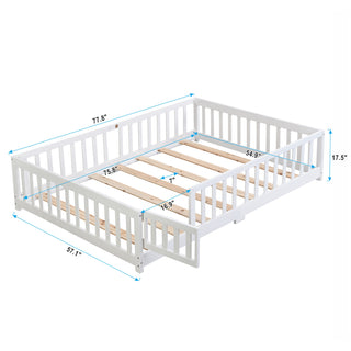Sunvega Full Size Pine Wood Floor Bed with Safety Guardrails and Door