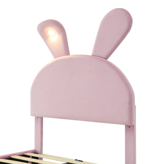 Sunvega Pink Twin Size Cartoon Ears Shaped Upholstered Platform Bed with Light