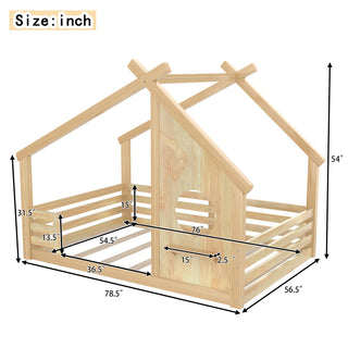Sunvega White Twin House Floor Bed with Window and Shelf for Kids Room