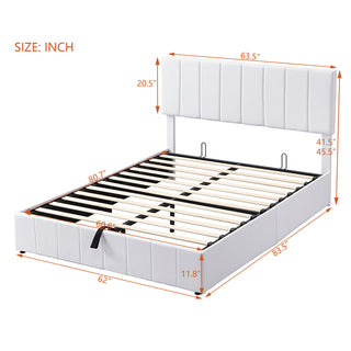 Sunvega Upholstered Platform Bed with Hydraulic Storage System in White Linen