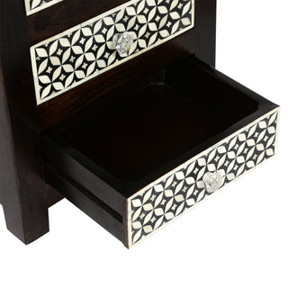 Sunvega Handcrafted Mango Wood Nightstand with Buffalo Bone Inlay and Three Drawers