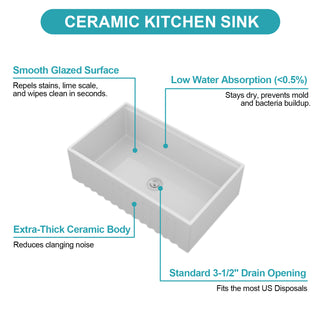 Sunvega 33 Inch White Porcelain Ceramic Farmhouse Kitchen Sink Workstation with Reversible Apron