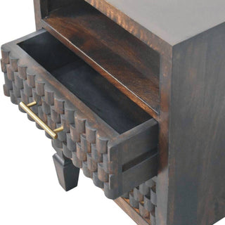Sunvega Solid Mango Wood Arno Bedside Table with Carved Block Pattern and Drawers