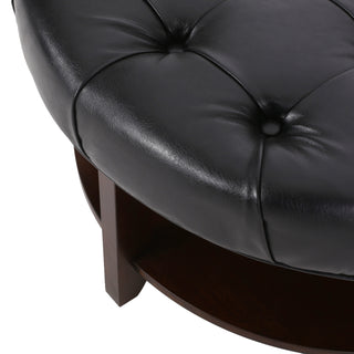 Sunvega Round Ottoman with Faux Leather Upholstery and Open Shelf for Living Room