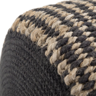 Sunvega Handcrafted Natural and Black Braided Jute Round Pouf with Polystyrene Filling
