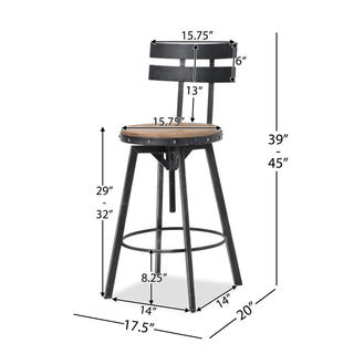 Sunvega Antique Finish Firwood Seat Barstool with Black Brush Silver Metal Frame