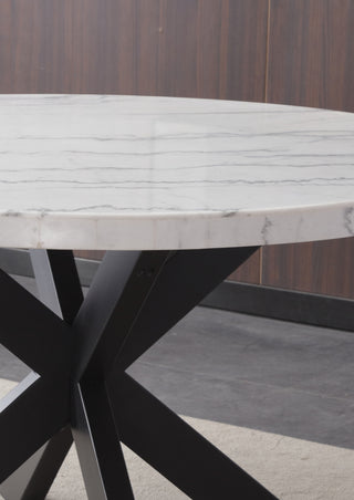 Sunvega White Marble Veneer Top Round Dining Table with Ebony Wood Frame