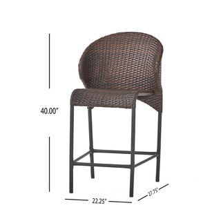 Sunvega Multibrown Wicker Counter Stools with Curved Back and Iron Frame for Patio